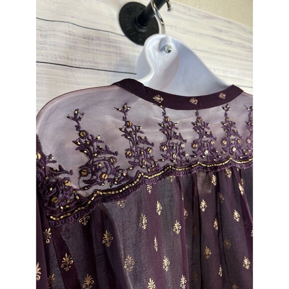 Bila Top Women XXL Burgundy Sheer Popover V Neck Long Sleeve Beaded Embroidered - Picture 7 of 14
